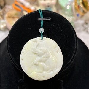 Carved White Jade Elephant Pendant On Cord Chinese Jewelry Stone